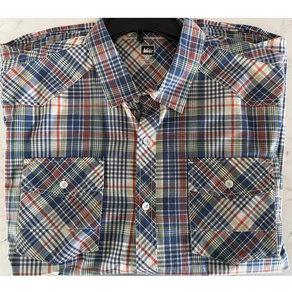 REI Men's Plaid Button up Short Sleeve Shirt 100% Cotton Size XL